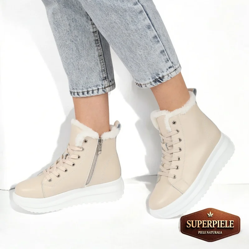 Bottes décontractées beiges en cuir véritable avec semelle épaisse |REPANDO|