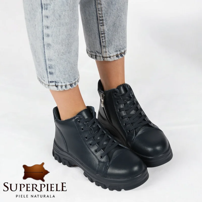 Dunkelblaue lässige Fellstiefel aus echtem Leder |IAROMA|