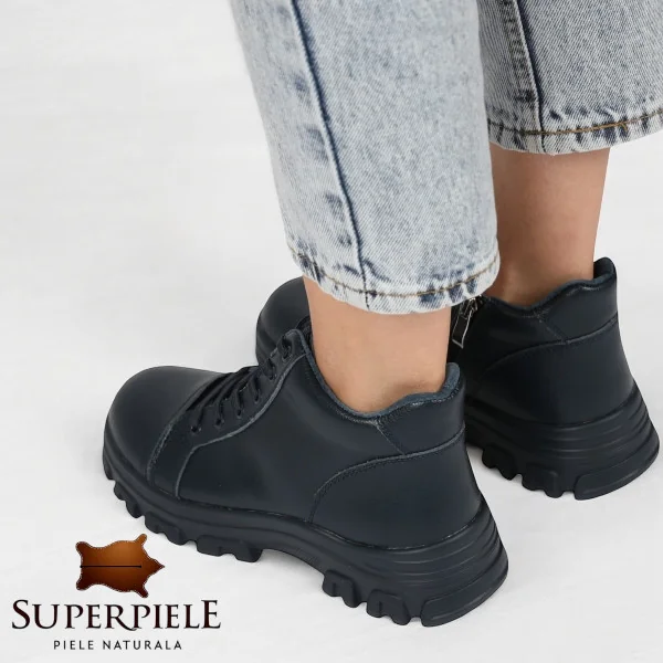 Dunkelblaue lässige Fellstiefel aus echtem Leder |IAROMA|