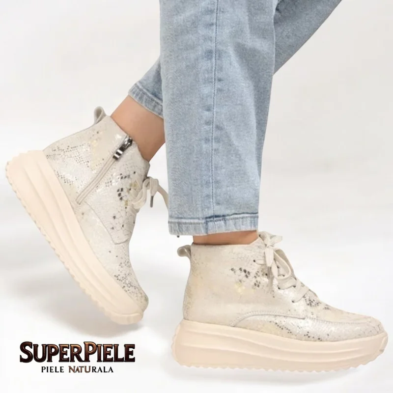 Μπεζ μπότες casual από γνήσιο δέρμα με γκλίτερ και ψηλή σόλα |SARBOLA|