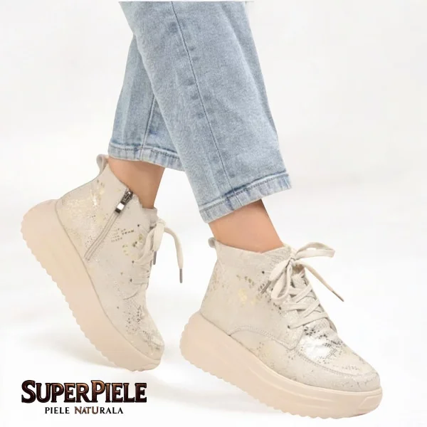 Μπεζ μπότες casual από γνήσιο δέρμα με γκλίτερ και ψηλή σόλα |SARBOLA|