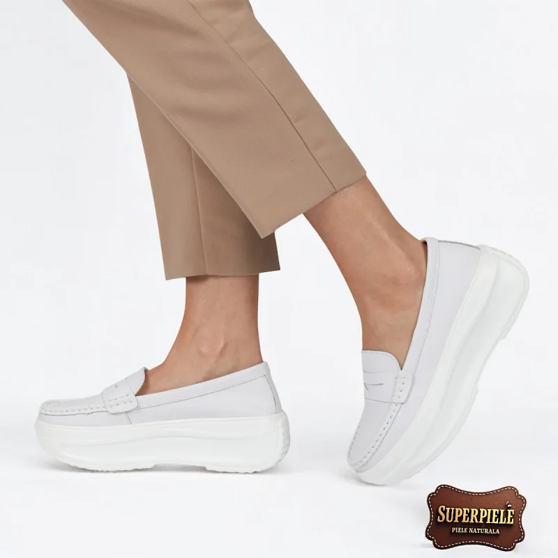 Mocassins blancs en cuir véritable pour femme à plateforme haute |FAMIVO 1|