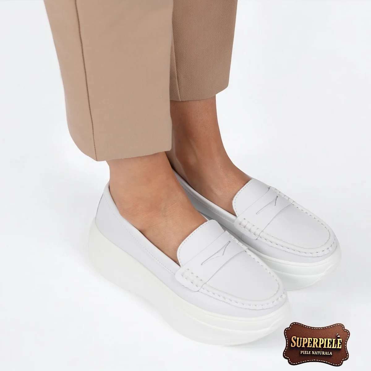 Mocassins blancs en cuir véritable pour femme à plateforme haute |FAMIVO 1|