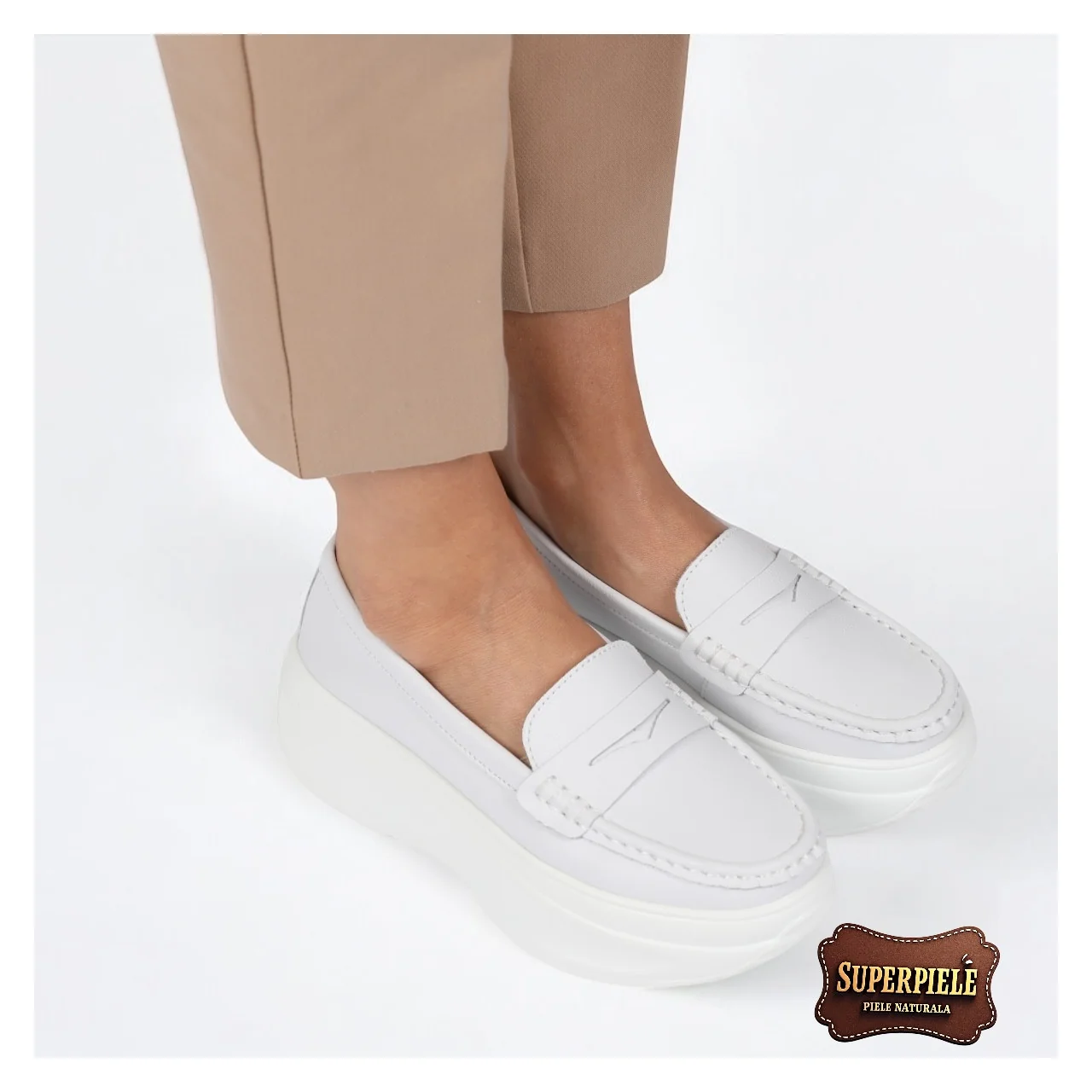 Mocassins blancs en cuir véritable pour femme à plateforme haute |FAMIVO 1|