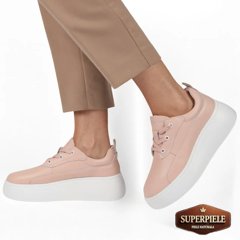 chaussures décontractées roses pour femmes en cuir véritable avec plateforme |ALYXIO|