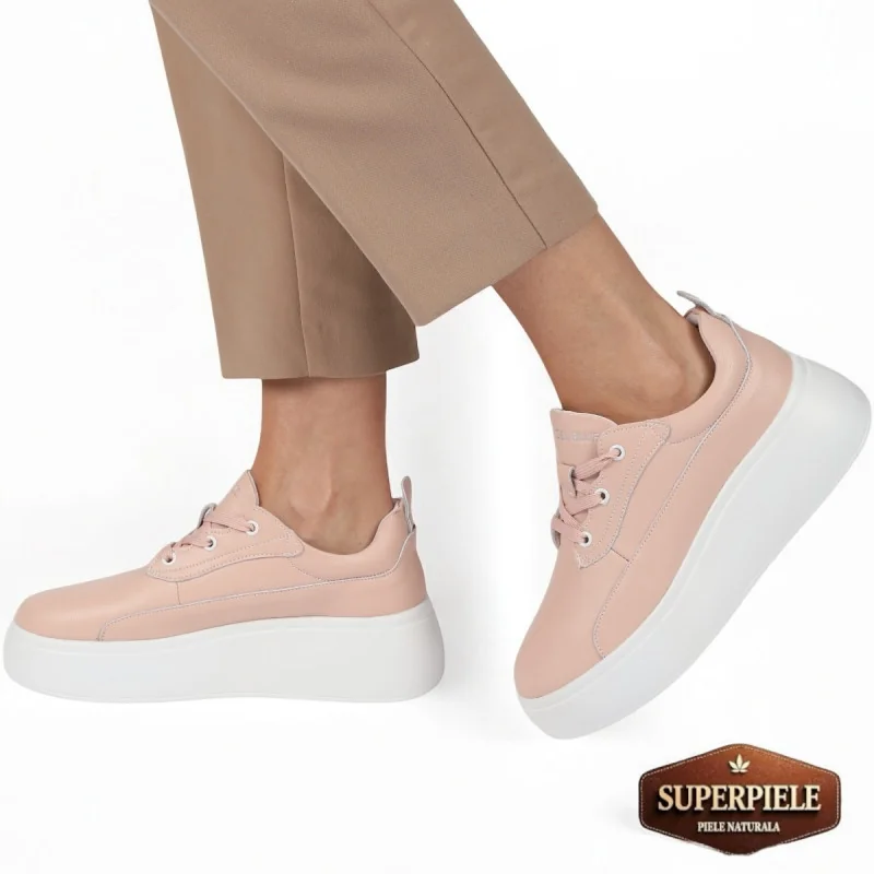 chaussures décontractées roses pour femmes en cuir véritable avec plateforme |ALYXIO|