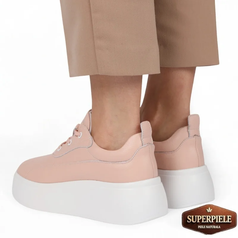 chaussures décontractées roses pour femmes en cuir véritable avec plateforme |ALYXIO|
