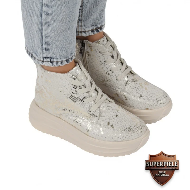 Μπεζ μπότες casual από γνήσιο δέρμα με γκλίτερ και ψηλή σόλα |SARBOLA|