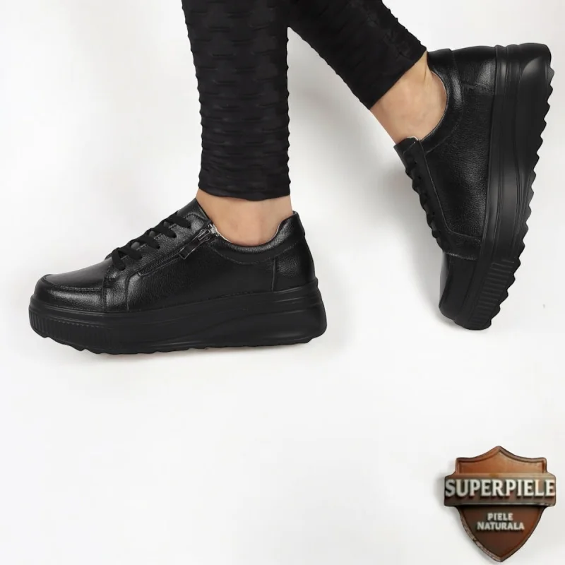 Chaussures décontractées noires en cuir véritable à semelles hautes |ZAPANO|