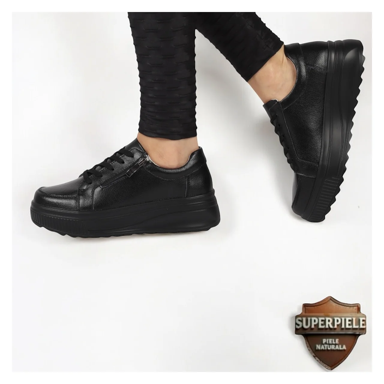 Chaussures décontractées noires en cuir véritable à semelles hautes |ZAPANO|