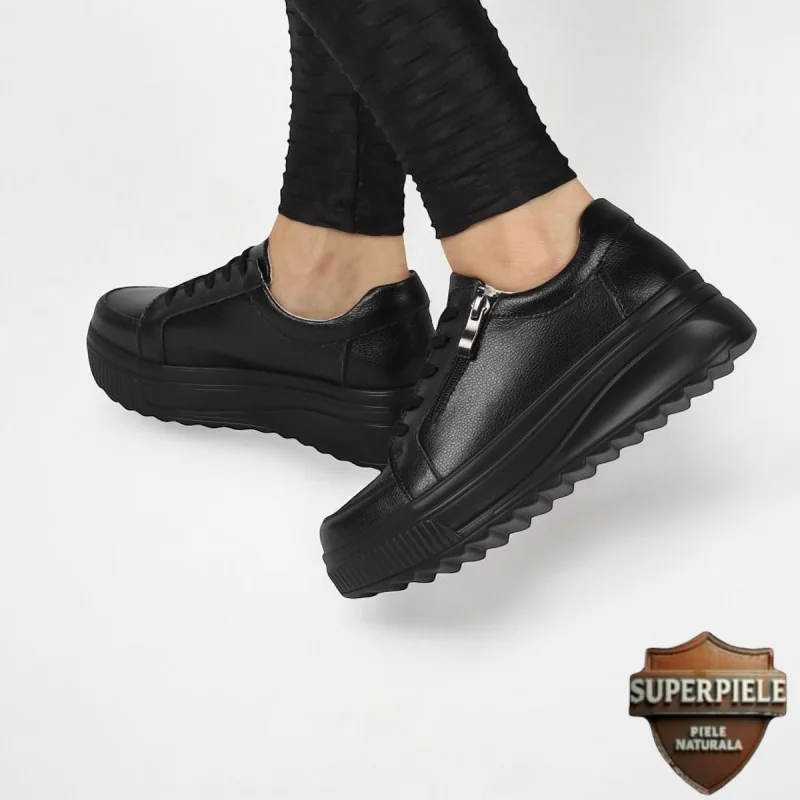 Chaussures décontractées noires en cuir véritable à semelles hautes |ZAPANO|