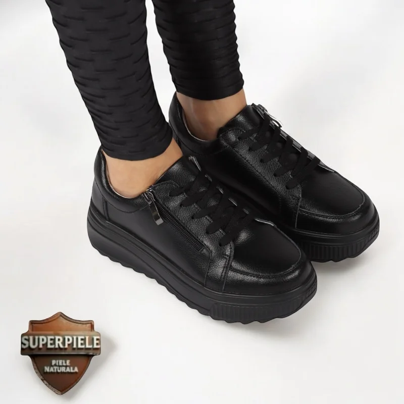 Chaussures décontractées noires en cuir véritable à semelles hautes |ZAPANO|