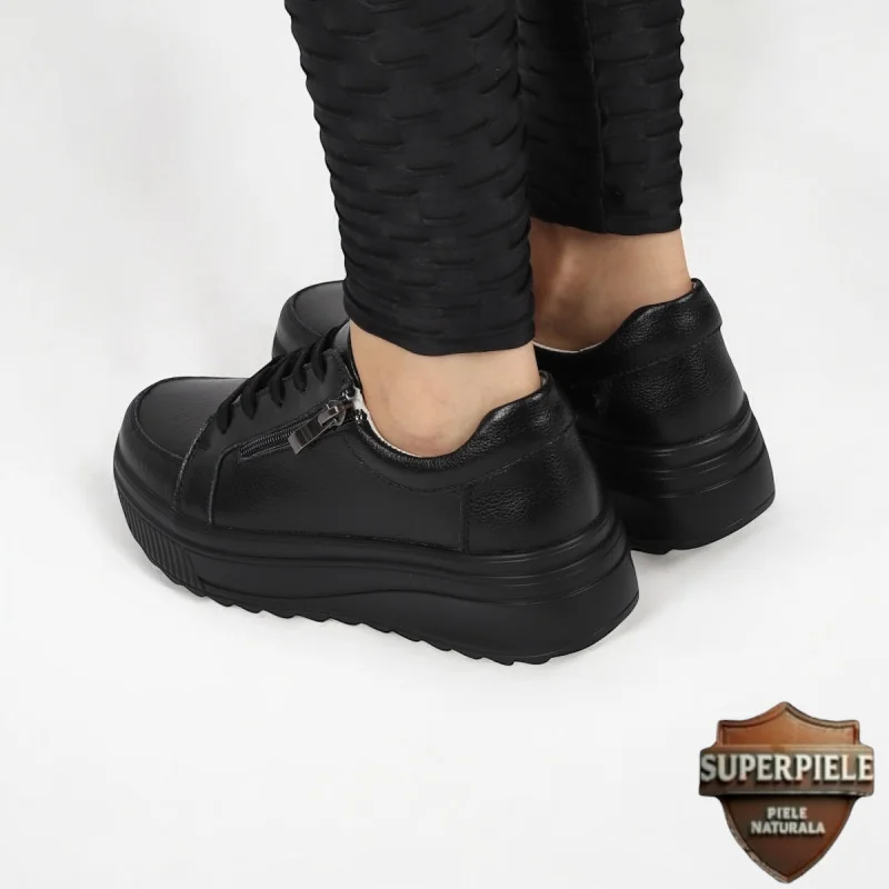Chaussures décontractées noires en cuir véritable à semelles hautes |ZAPANO|