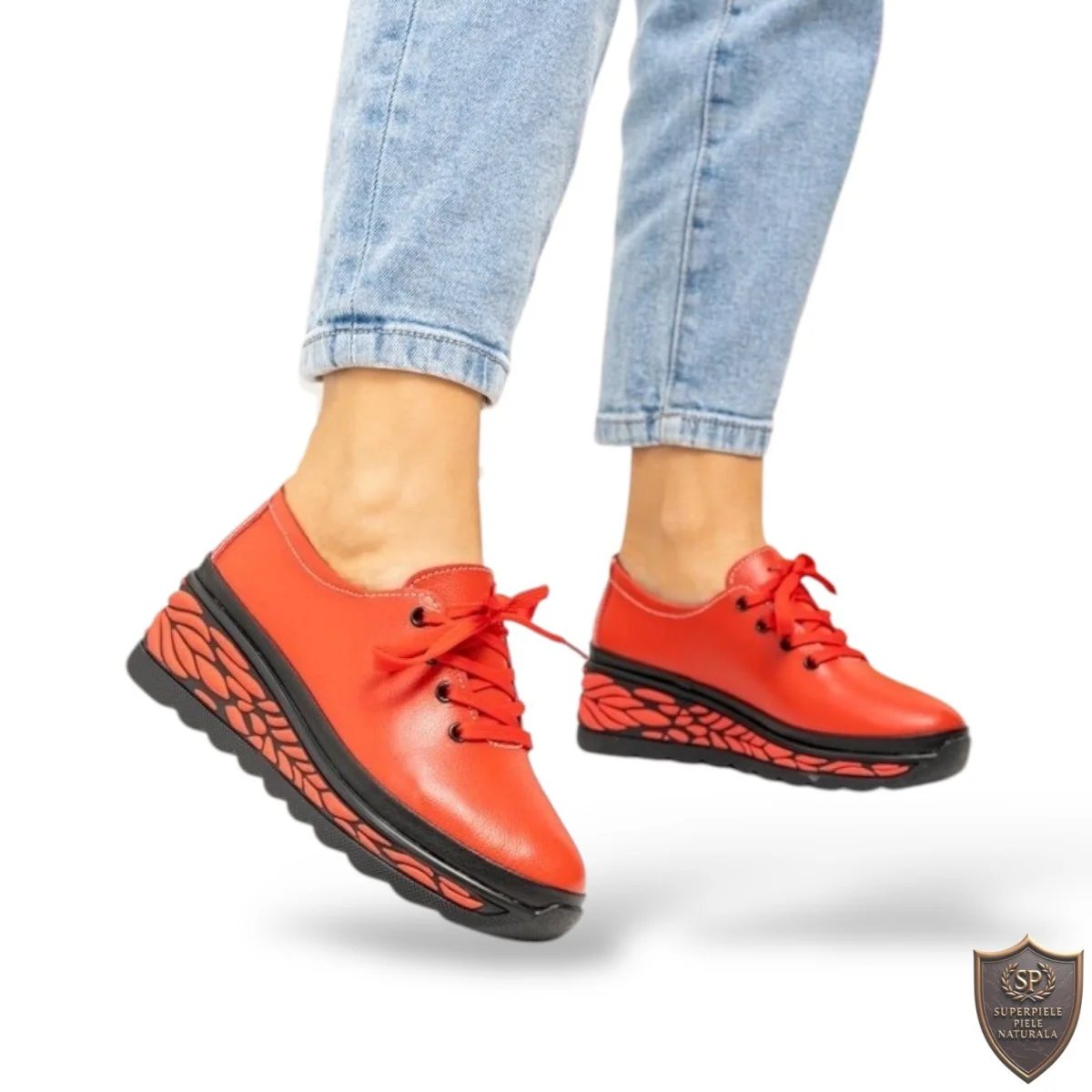 Damen Freizeitschuhe, Naturleder, rot und schwarz, mit Schnürverschluss |ROMANGO|
