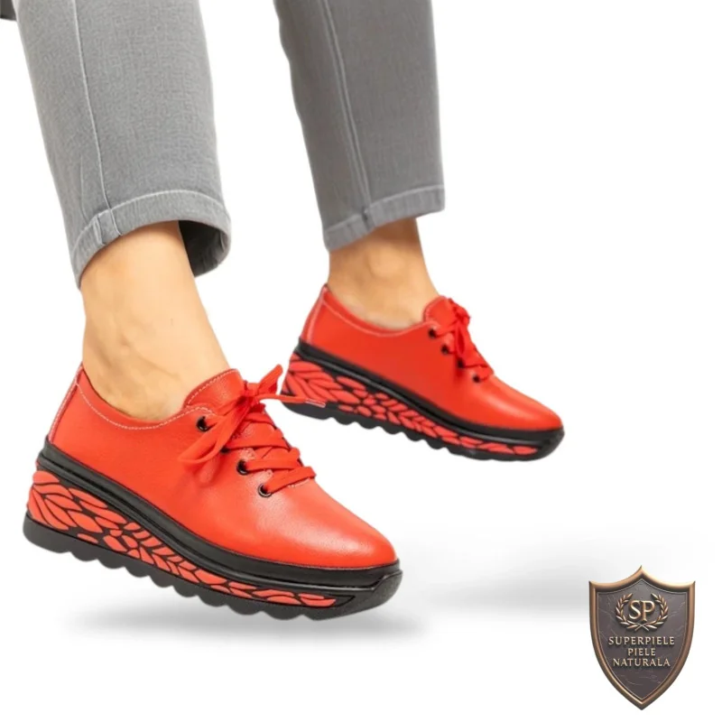 Damen Freizeitschuhe, Naturleder, rot und schwarz, mit Schnürverschluss |ROMANGO|