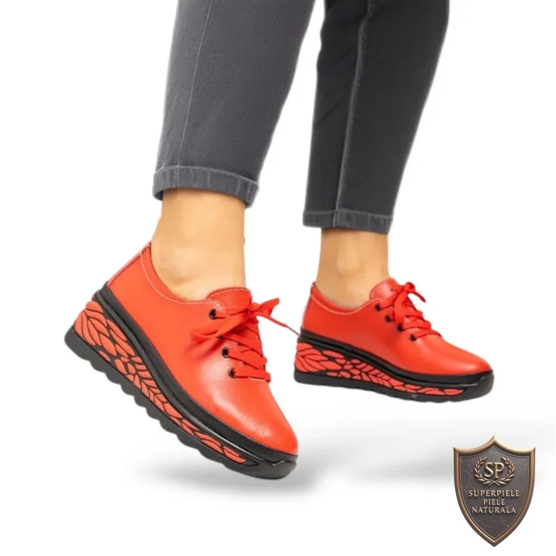 Damen Freizeitschuhe, Naturleder, rot und schwarz, mit Schnürverschluss |ROMANGO|