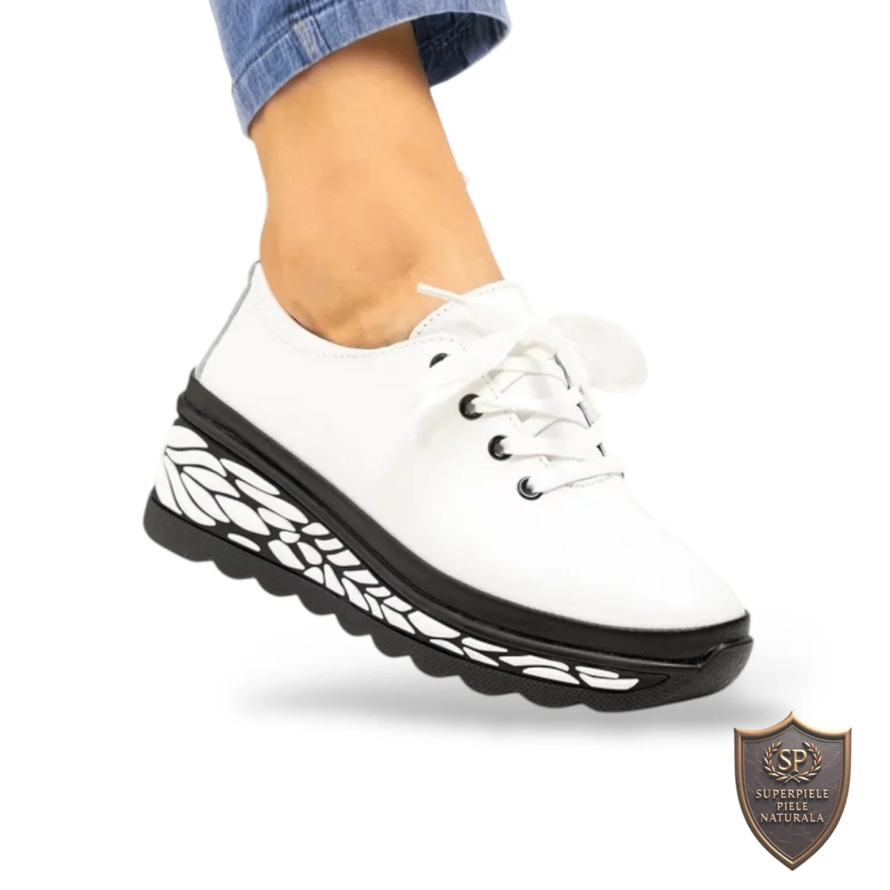 Chaussures décontractées pour femmes, cuir naturel, blanches et noires, avec fermeture à lacets |ROMANGO|