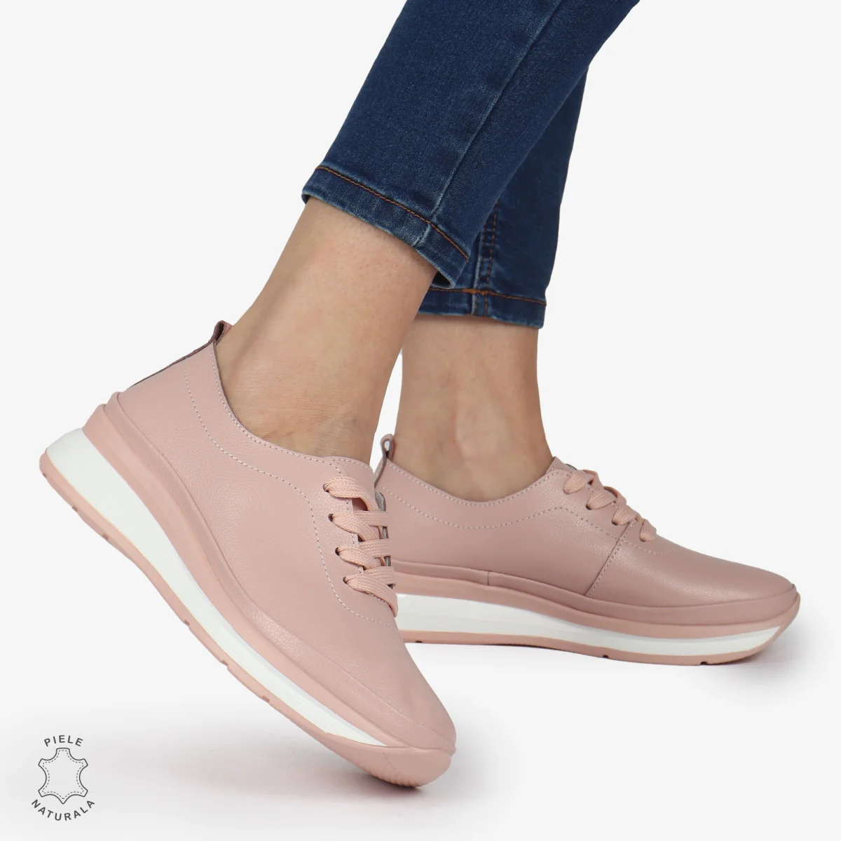 Γυναικεία casual παπούτσια, από φυσικό δέρμα, ροζ, με κλείσιμο με κορδόνια |FOBAMO|