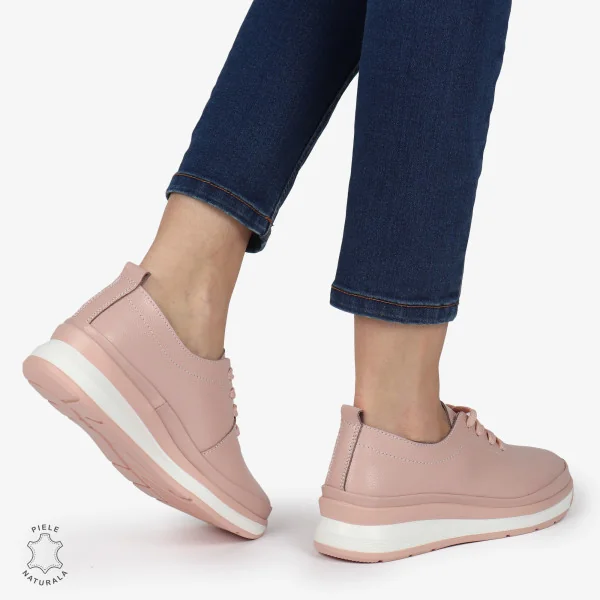 Γυναικεία casual παπούτσια, από φυσικό δέρμα, ροζ, με κλείσιμο με κορδόνια |FOBAMO|