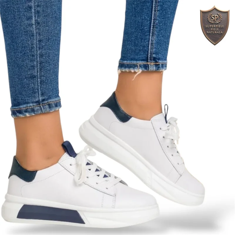 online winkel voor damesschoenen van echt leerCasual schoenen natuurlijk leer wit met marineblauw |Bianca|