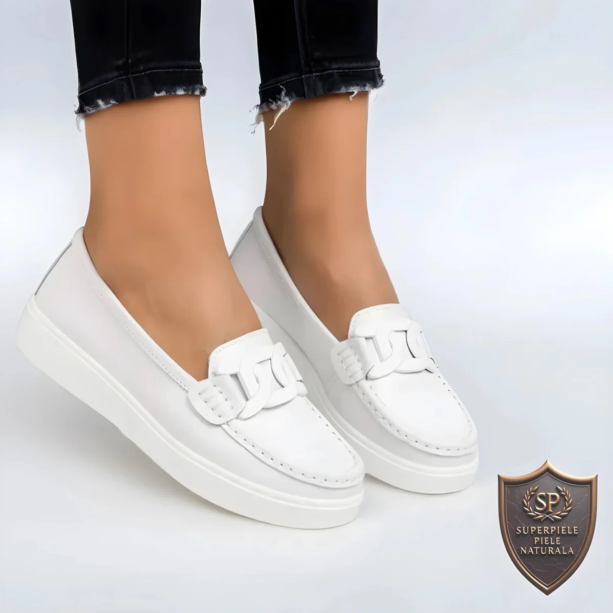 Mocassins femme |VOZOLA|, semelle épaisse, cuir naturel-BLANC