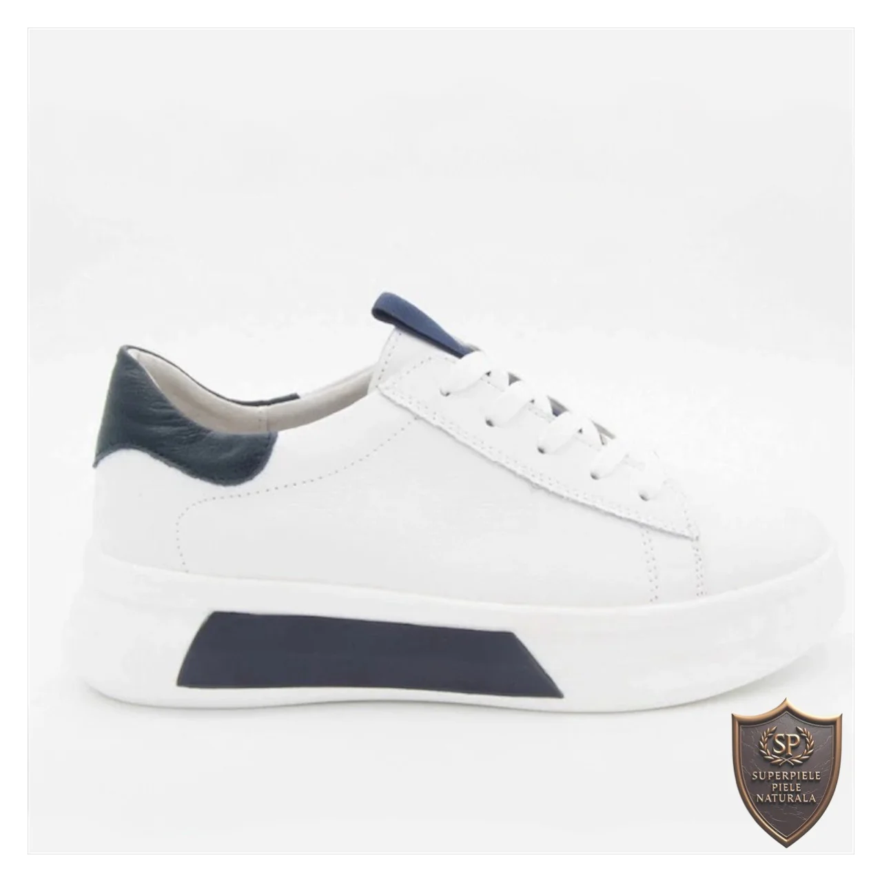 online winkel voor damesschoenen van echt leerCasual schoenen natuurlijk leer wit met marineblauw |Bianca|