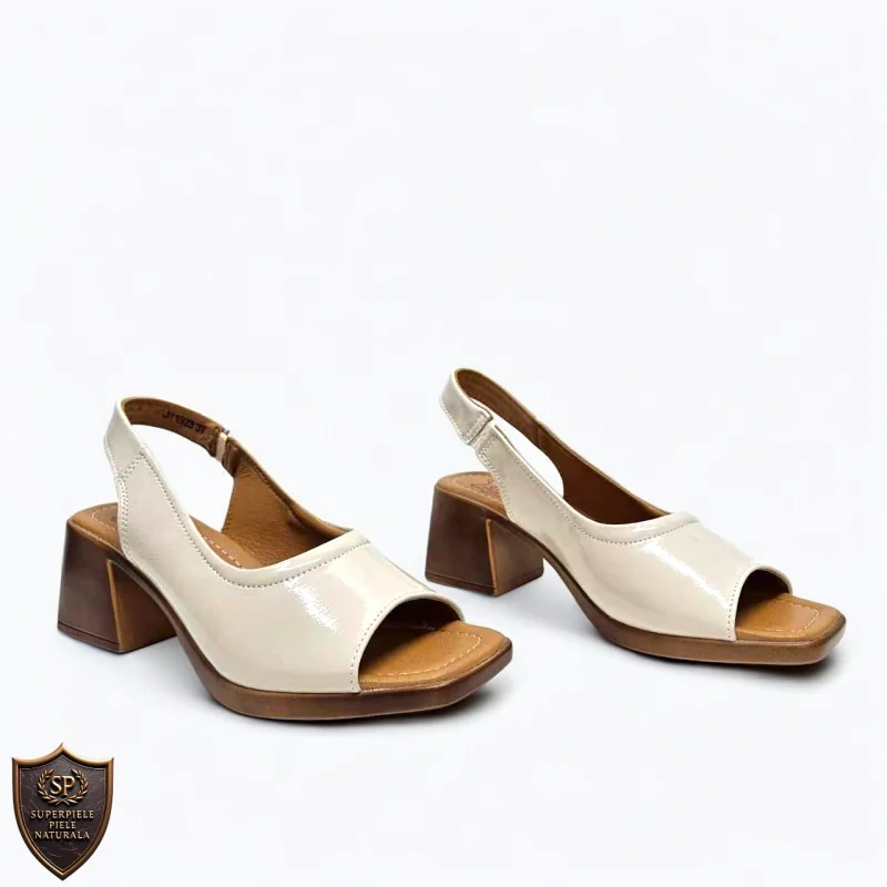 beige Damen Sandalen mit dickem Absatz aus echtem Leder |KATOMOZA|