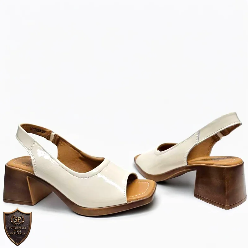 beige Damen Sandalen mit dickem Absatz aus echtem Leder |KATOMOZA|