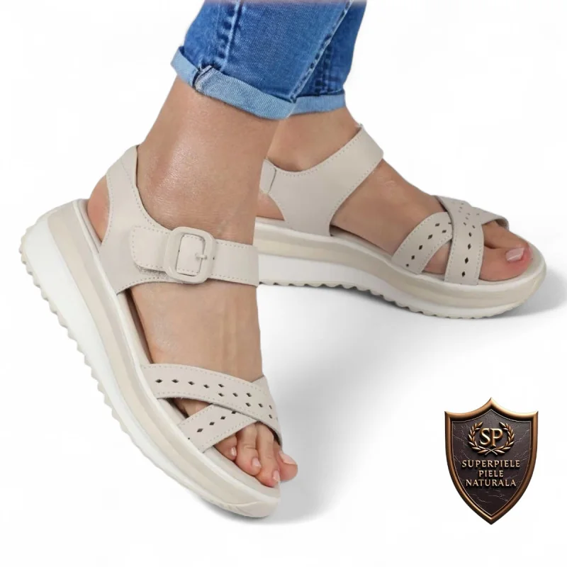 sandalias pantuflasSandalias de mujer en piel auténtica beige con suela gruesa y cierre de velcro |PERBAMO|