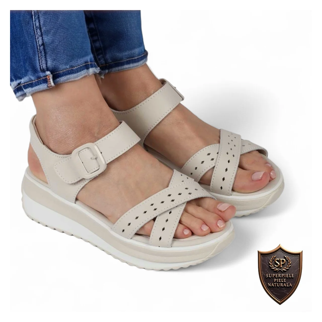 sandalias pantuflasSandalias de mujer en piel auténtica beige con suela gruesa y cierre de velcro |PERBAMO|