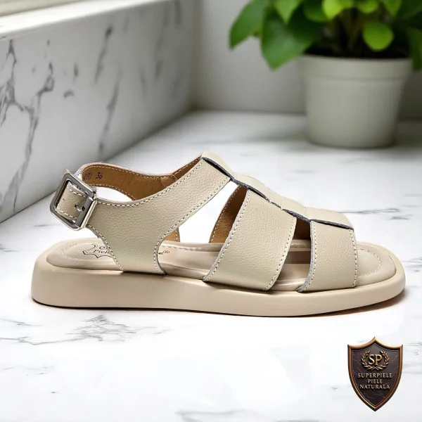 Sandales beiges pour femmes en cuir naturel avec semelle basse et fermeture réglable |JOKANEZI|