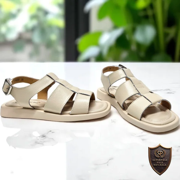 Sandales beiges pour femmes en cuir naturel avec semelle basse et fermeture réglable |JOKANEZI|