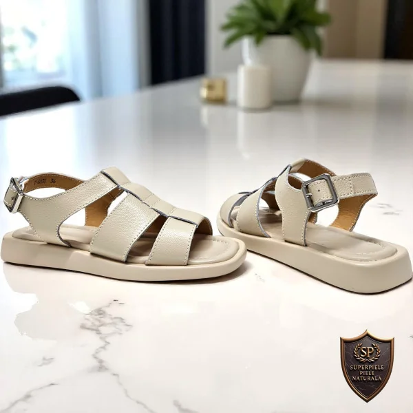 Sandales beiges pour femmes en cuir naturel avec semelle basse et fermeture réglable |JOKANEZI|