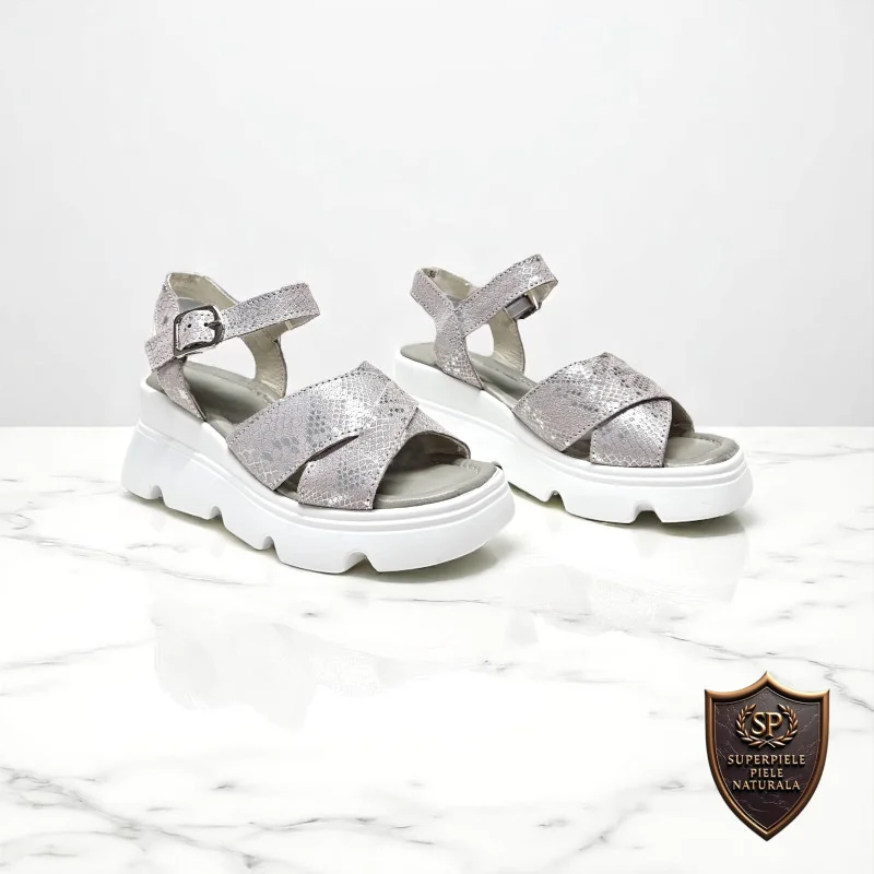 Damensandalen, naturgraues Leder, dicke Sohle und Schnallenverschluss |RODRIVOZ|