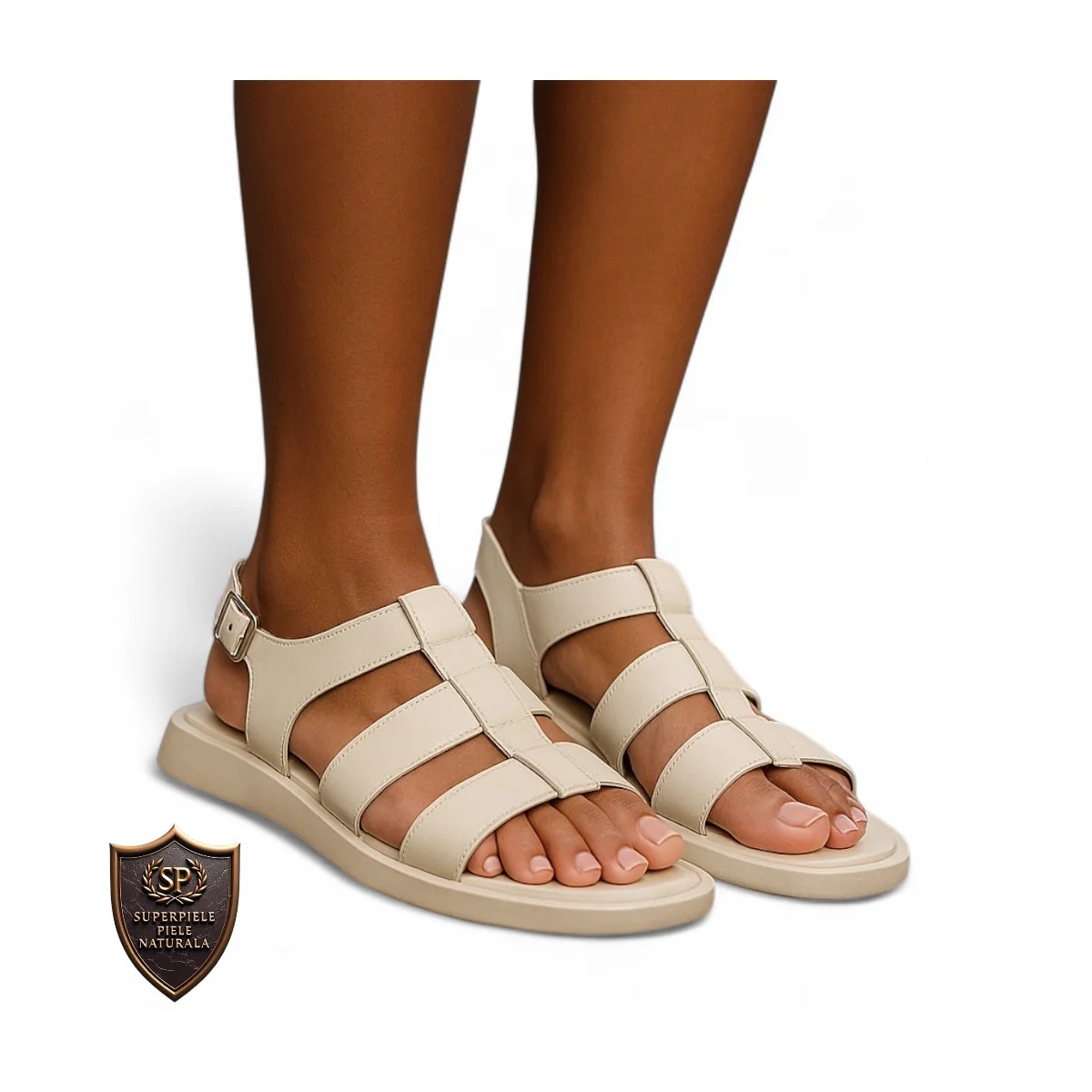 Sandales beiges pour femmes en cuir naturel avec semelle basse et fermeture réglable |JOKANEZI|