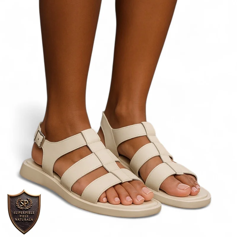 Sandales beiges pour femmes en cuir naturel avec semelle basse et fermeture réglable |JOKANEZI|
