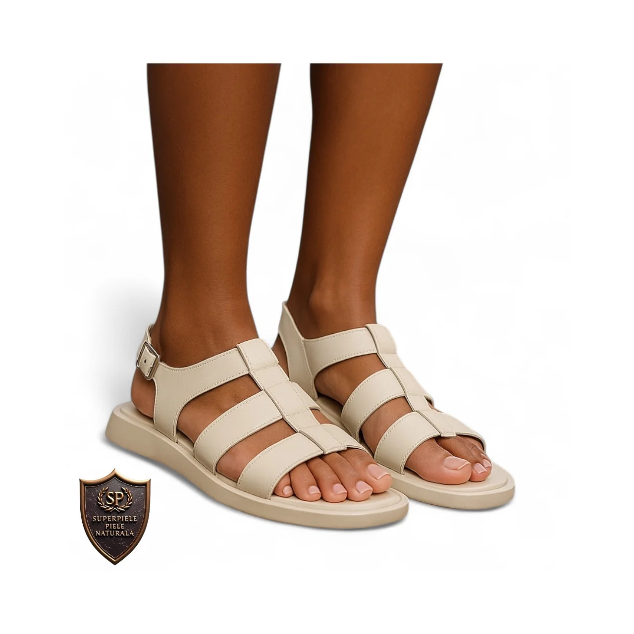 Sandales beiges pour femmes en cuir naturel avec semelle basse et fermeture réglable |JOKANEZI|