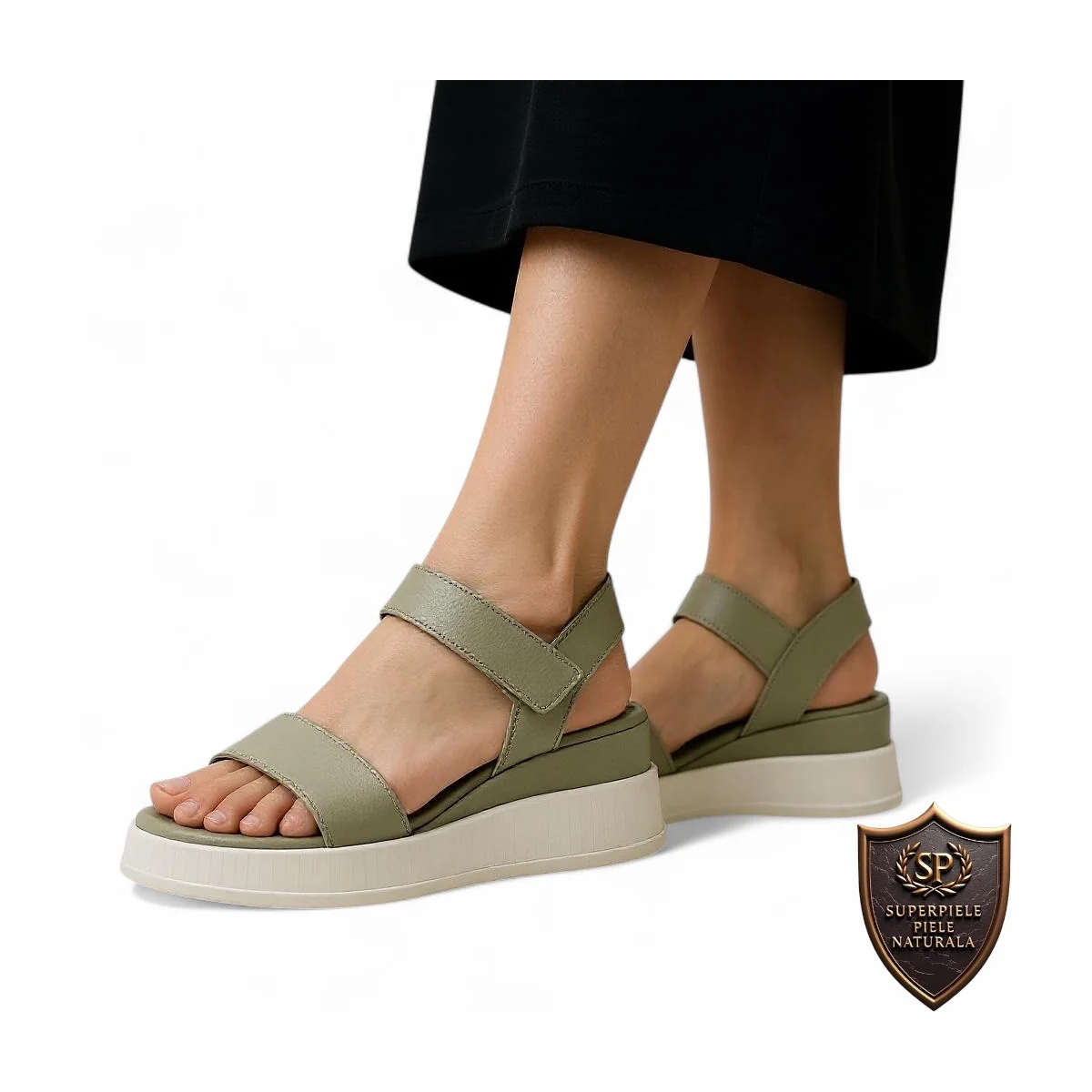 sandalen slippersDamessandalen, natuurlijk grijs leer, dikke zool met klittenbandsluiting |LOMAVIZ|