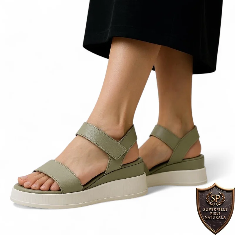 sandalen slippersDamessandalen, natuurlijk grijs leer, dikke zool met klittenbandsluiting |LOMAVIZ|