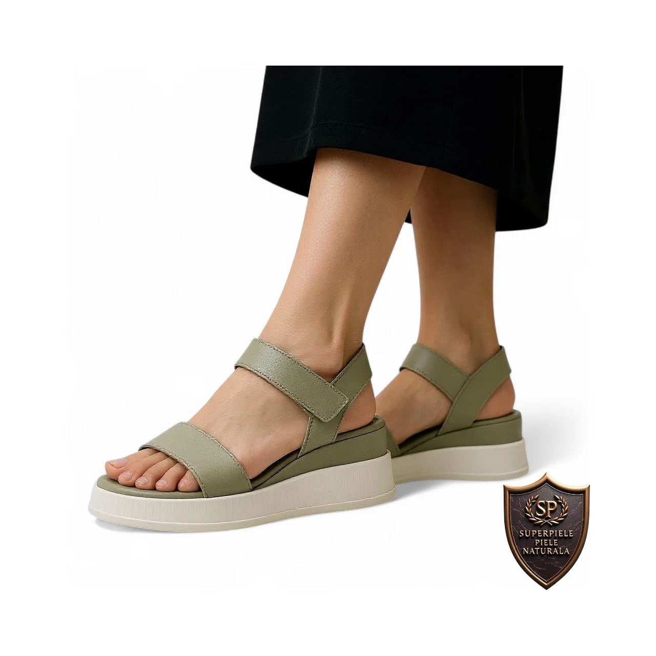 sandalen slippersDamessandalen, natuurlijk grijs leer, dikke zool met klittenbandsluiting |LOMAVIZ|