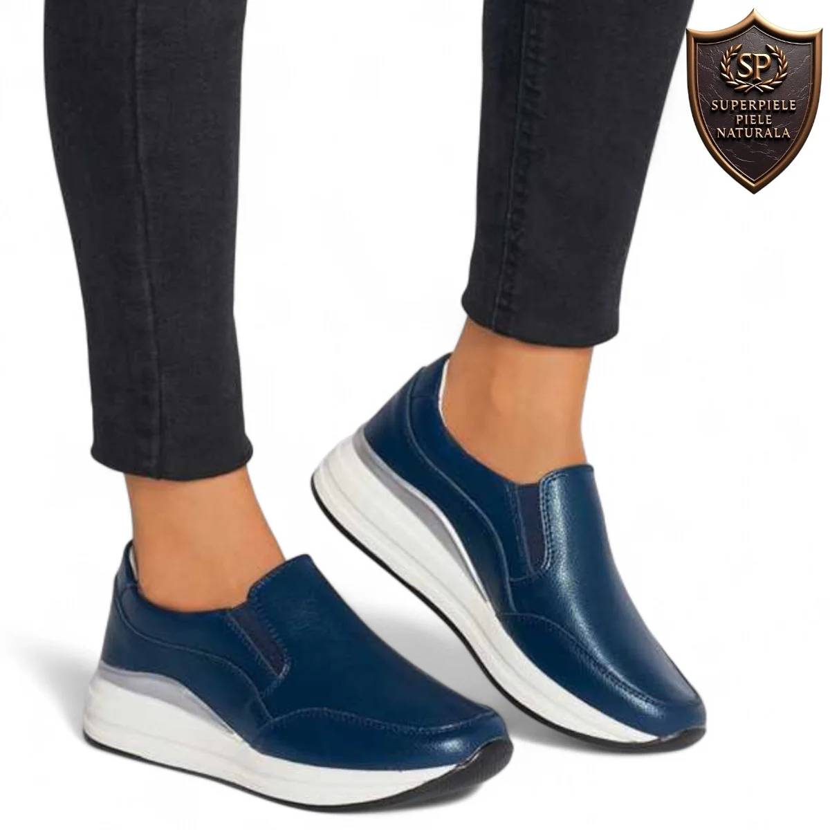 Chaussures décontractées, cuir naturel, bleu marine, sans lacets |RONA|