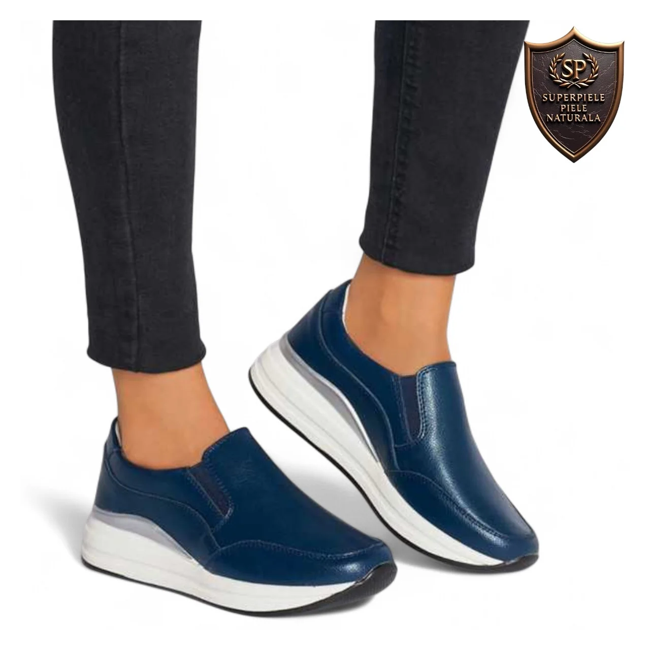 Chaussures décontractées, cuir naturel, bleu marine, sans lacets |RONA|
