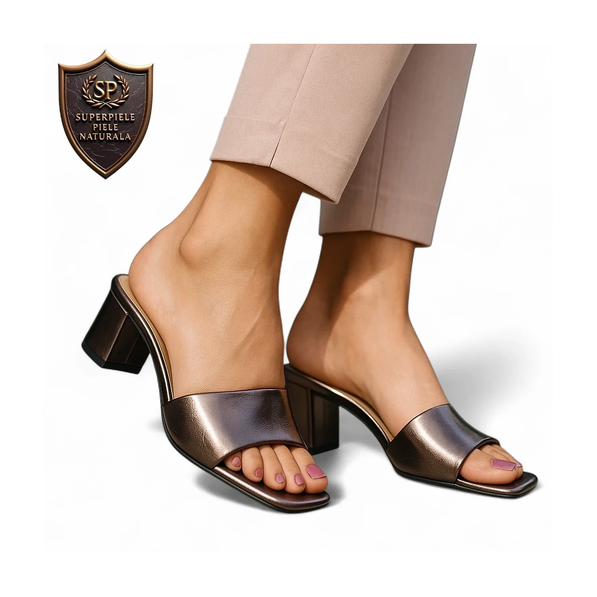 Chaussons gris foncé pour femme, en cuir véritable, avec talon épais et bout carré |LOREMO|