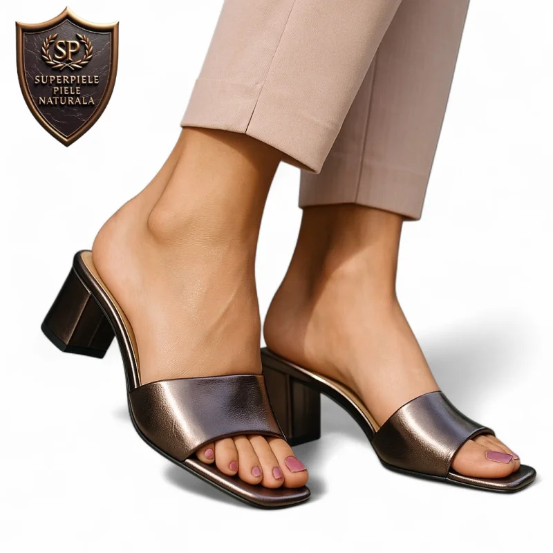 Chaussons gris foncé pour femme, en cuir véritable, avec talon épais et bout carré |LOREMO|