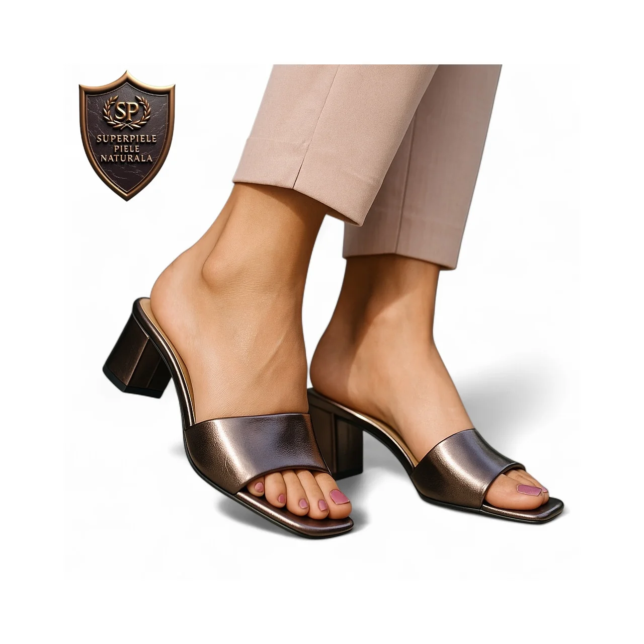 Chaussons gris foncé pour femme, en cuir véritable, avec talon épais et bout carré |LOREMO|