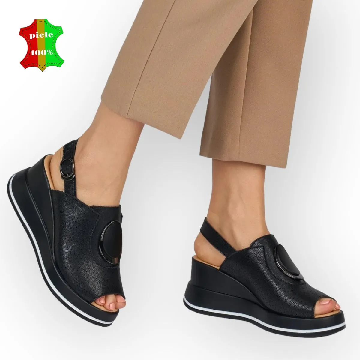 sandales en cuir véritable noir avec semelle haute blanche |KATOVA|