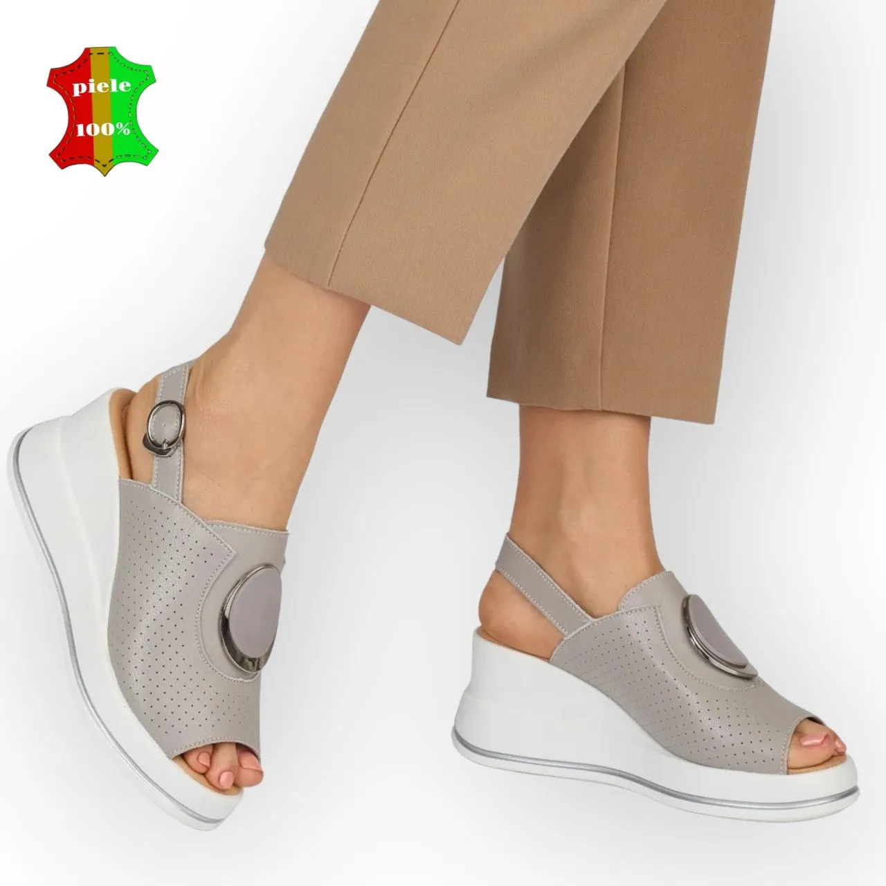 sandales grises pour femmes, en cuir naturel, avec semelle haute blanche |KATOVA|