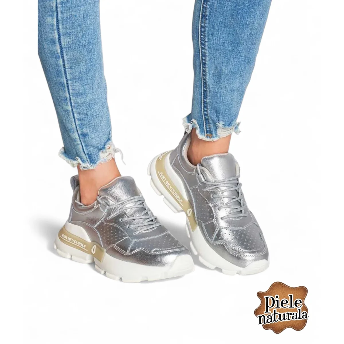 Baskets sportives femme en cuir naturel avec lacets |Polisano|