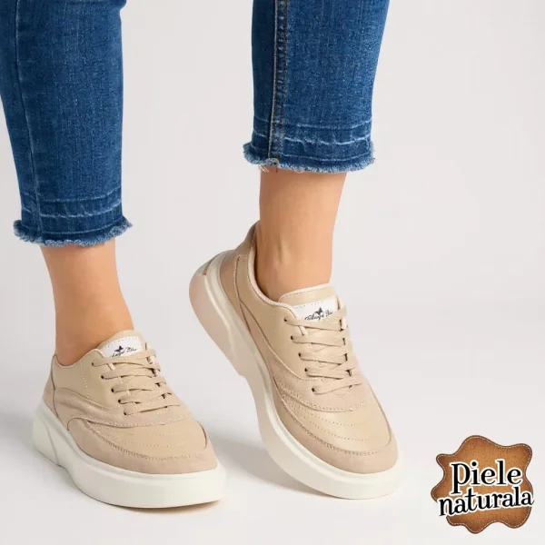 Damen Freizeitschuhe, beige Echtleder, mit dicken Sohlen T6086