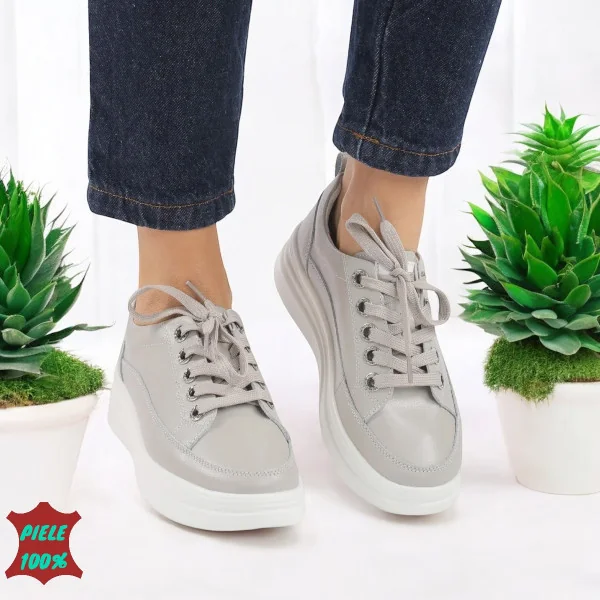 Chaussures décontractées grises pour femmes en cuir véritable avec lacets | ZAPOKA | - 5 couleurs